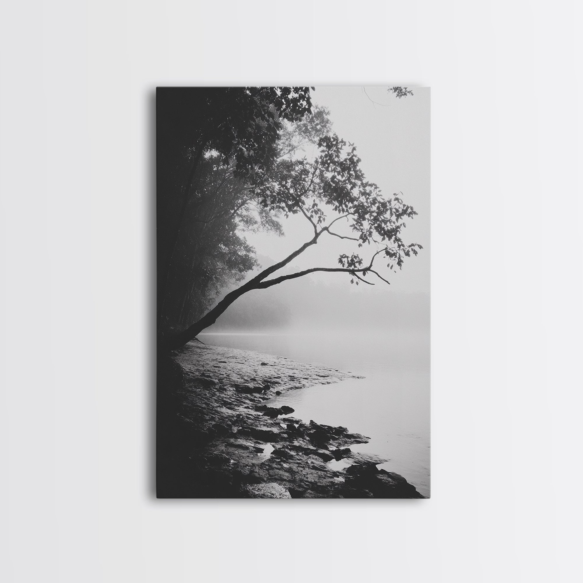 Misty Tree, Shoreline Fog, Forest Edge, Moody Atmosphere, Framed Canvas Print, Bedroom Wall Art, Autumn Woodland Style, Serene Nature Decor Gallery Wrap Canvas - Ready To Hang