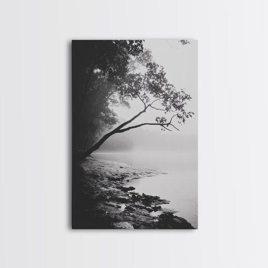 Misty Tree, Shoreline Fog, Forest Edge, Moody Atmosphere, Framed Canvas Print, Bedroom Wall Art, Autumn Woodland Style, Serene Nature Decor No Frame - Stretched Canvas Only