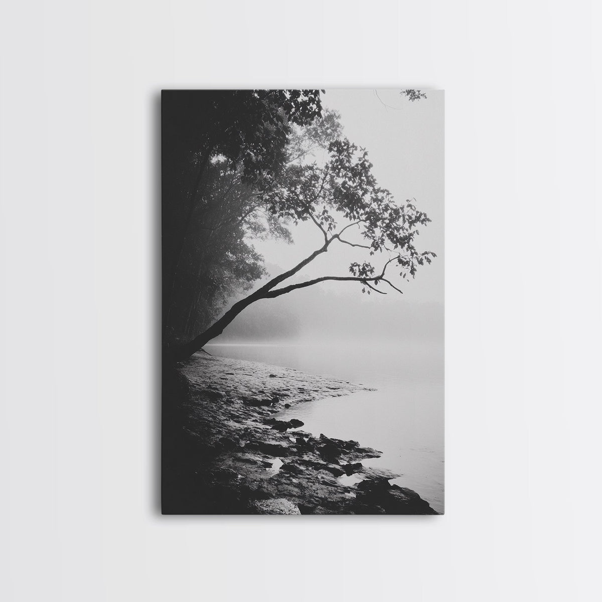 Misty Tree, Shoreline Fog, Forest Edge, Moody Atmosphere, Framed Canvas Print, Bedroom Wall Art, Autumn Woodland Style, Serene Nature Decor Gallery Wrap Canvas - Ready To Hang