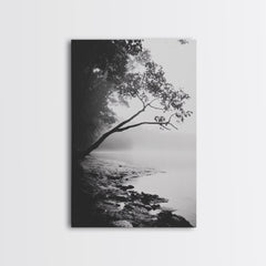 Misty Tree, Shoreline Fog, Forest Edge, Moody Atmosphere, Framed Canvas Print, Bedroom Wall Art, Autumn Woodland Style, Serene Nature Decor Gallery Wrap Canvas - Ready To Hang