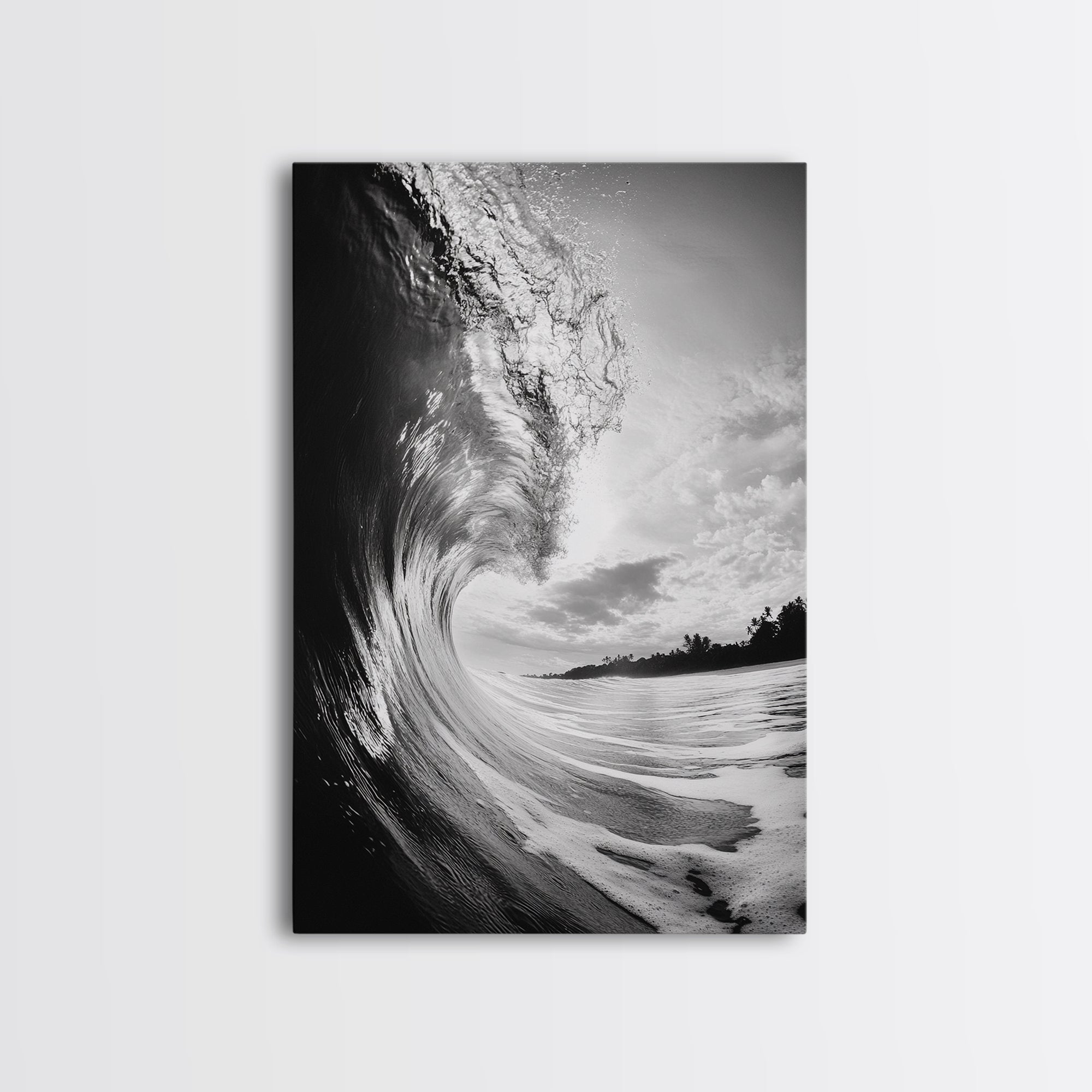 Ocean Wave Curl, Sea Barrel Art, Surf Power Print, Framed Canvas Print, Bathroom Wall Art, Modern Beach Decor, Black White Seascape Gallery Wrap Canvas - Ready To Hang