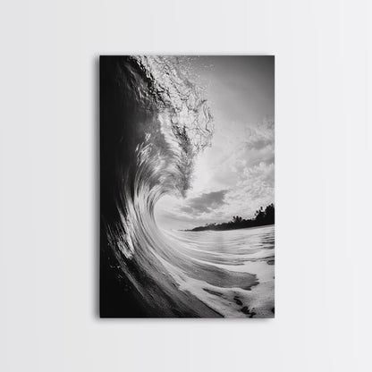 Ocean Wave Curl, Sea Barrel Art, Surf Power Print, Framed Canvas Print, Bathroom Wall Art, Modern Beach Decor, Black White Seascape No Frame - Stretched Canvas Only