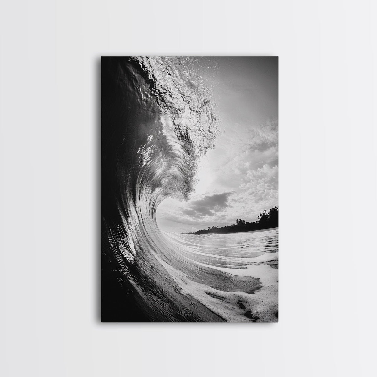 Ocean Wave Curl, Sea Barrel Art, Surf Power Print, Framed Canvas Print, Bathroom Wall Art, Modern Beach Decor, Black White Seascape Gallery Wrap Canvas - Ready To Hang