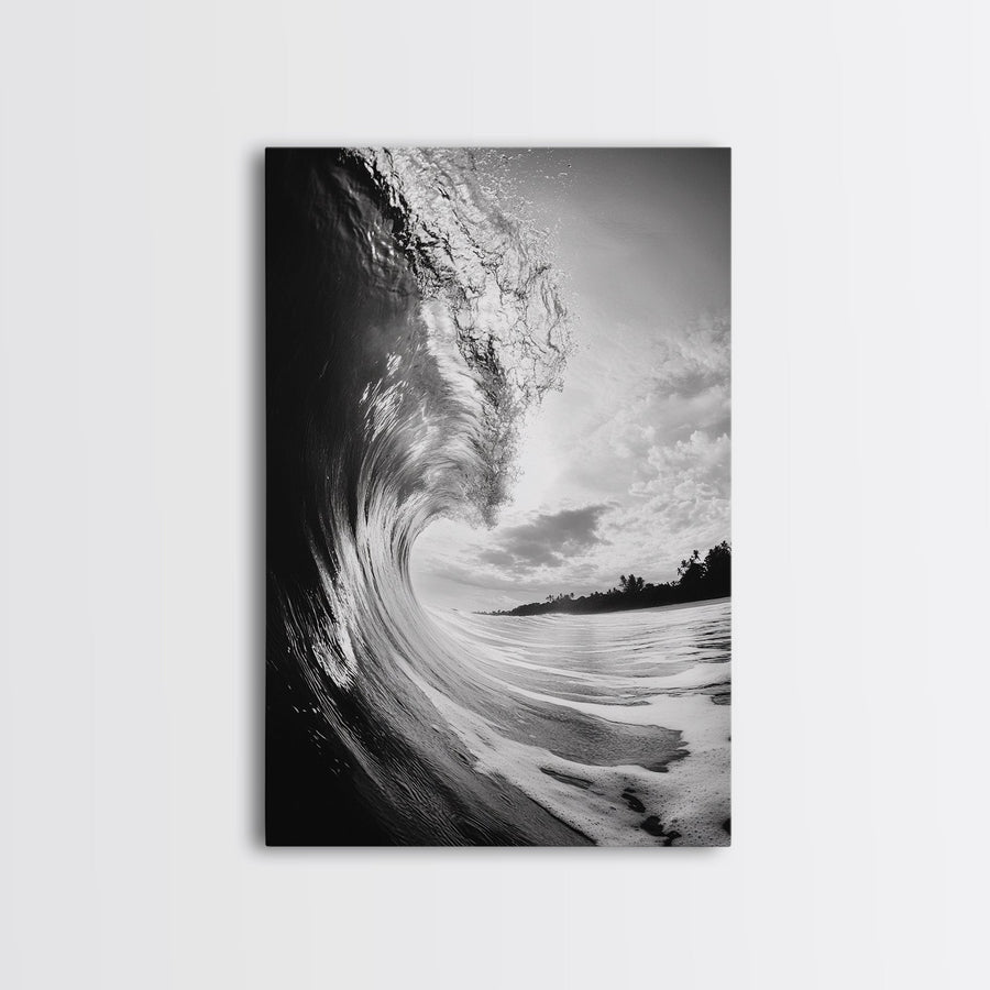 Ocean Wave Curl, Sea Barrel Art, Surf Power Print, Framed Canvas Print, Bathroom Wall Art, Modern Beach Decor, Black White Seascape Gallery Wrap Canvas - Ready To Hang