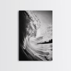 Ocean Wave Curl, Sea Barrel Art, Surf Power Print, Framed Canvas Print, Bathroom Wall Art, Modern Beach Decor, Black White Seascape Gallery Wrap Canvas - Ready To Hang