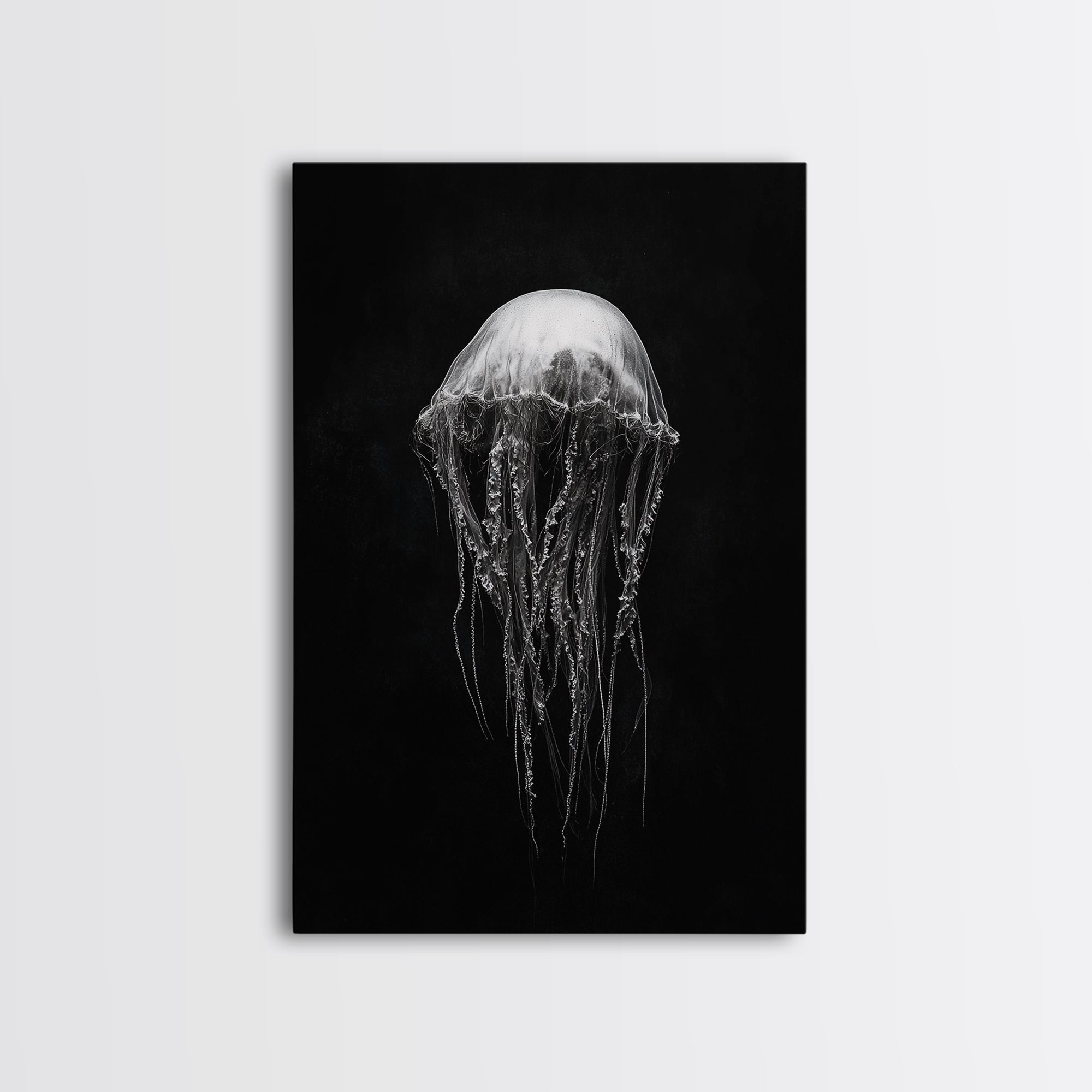 Elegant Jellyfish Art, Ocean Wildlife, Monochrome Marine, Framed Canvas Print, Bathroom Decor, Nautical Wall Art, Minimalist Sea Life Gallery Wrap Canvas - Ready To Hang