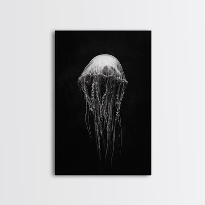 Elegant Jellyfish Art, Ocean Wildlife, Monochrome Marine, Framed Canvas Print, Bathroom Decor, Nautical Wall Art, Minimalist Sea Life No Frame - Stretched Canvas Only