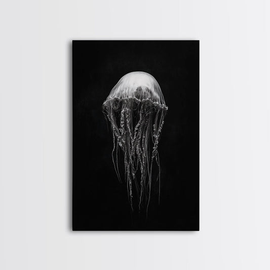 Elegant Jellyfish Art, Ocean Wildlife, Monochrome Marine, Framed Canvas Print, Bathroom Decor, Nautical Wall Art, Minimalist Sea Life No Frame - Stretched Canvas Only