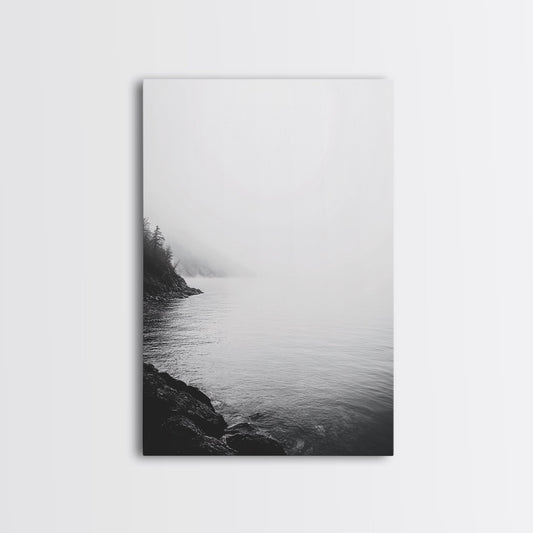 Misty Lakeshore, Foggy Forest Water, Monochrome Tranquility, Framed Canvas Print, Minimalist Art, Calm Landscape, Bedroom Wall Decor No Frame - Stretched Canvas Only