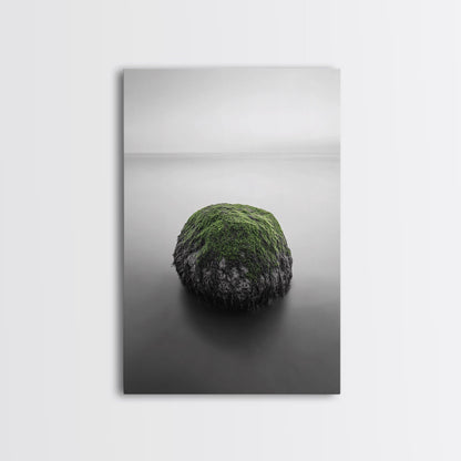 Moss Rock Minimal, Green Accent Art, Coastal Zen Decor, Framed Canvas Print, Modern Neutral Room, Nature Wall Aesthetic No Frame - Stretched Canvas Only