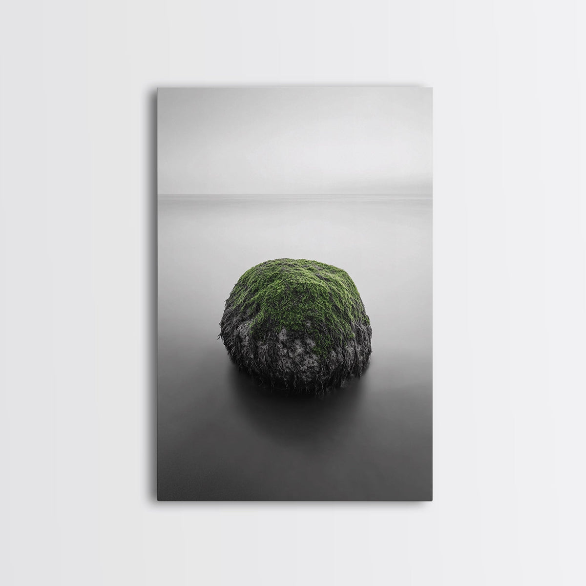 Moss Rock Minimal, Green Accent Art, Coastal Zen Decor, Framed Canvas Print, Modern Neutral Room, Nature Wall Aesthetic Gallery Wrap Canvas - Ready To Hang