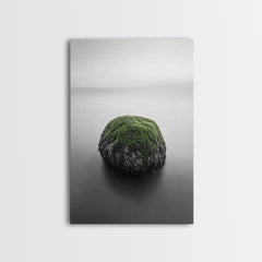 Moss Rock Minimal, Green Accent Art, Coastal Zen Decor, Framed Canvas Print, Modern Neutral Room, Nature Wall Aesthetic Gallery Wrap Canvas - Ready To Hang