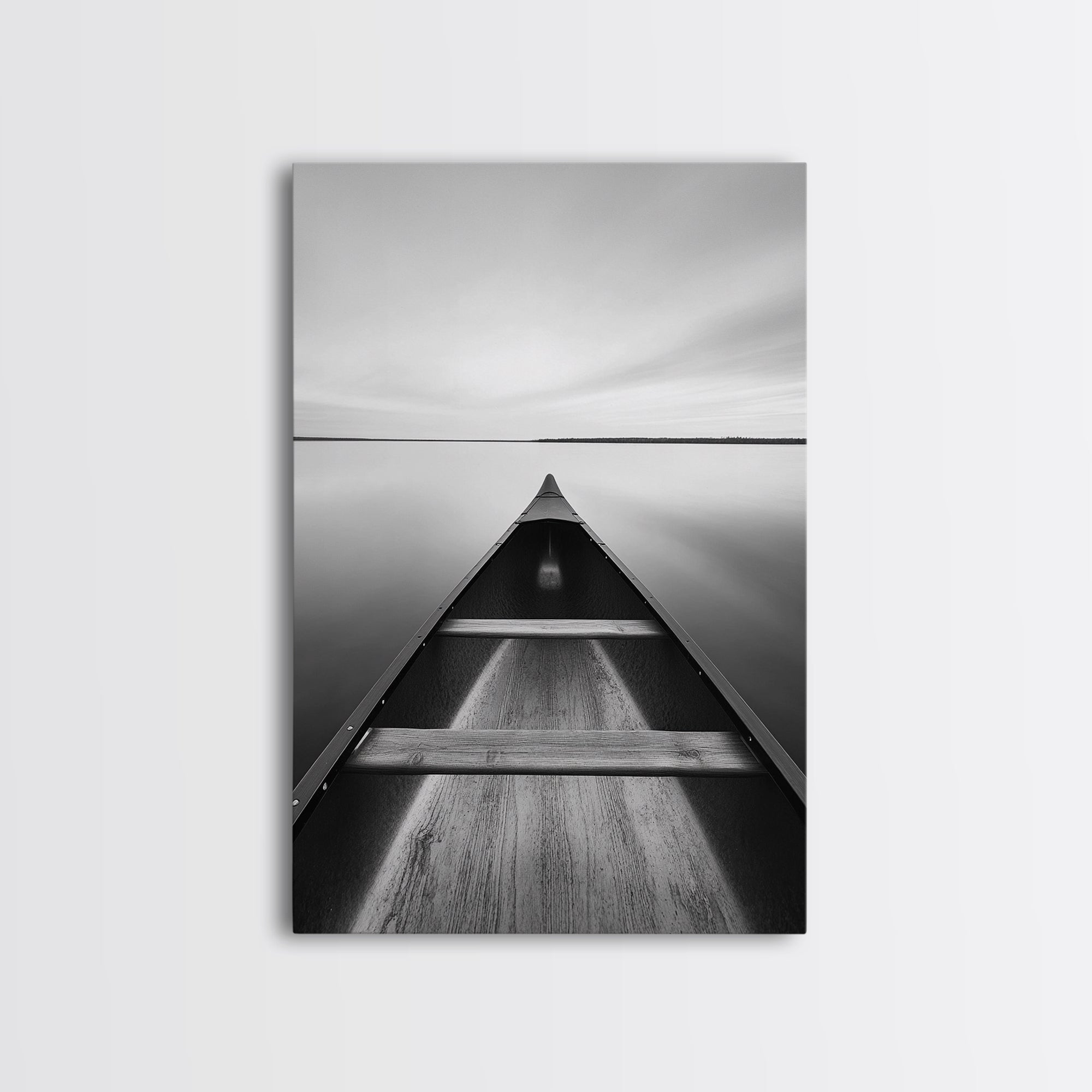 Canoe, Lake, Calm, Horizon - Minimalist lake paddle scene, Framed Canvas Print, peaceful home office art, Scandinavian decor, wilderness print Gallery Wrap Canvas - Ready To Hang