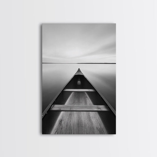 Canoe, Lake, Calm, Horizon - Minimalist lake paddle scene, Framed Canvas Print, peaceful home office art, Scandinavian decor, wilderness print No Frame - Stretched Canvas Only