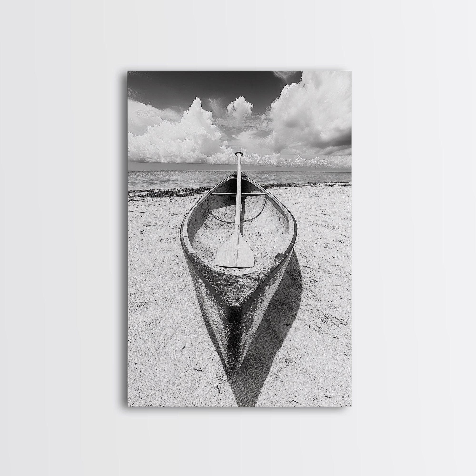 Paddle, Canoe, Beach, Clouds - Summer boating scene, Canvas Print, ideal bathroom or guestroom nautical art, rustic coastal boho wall decor Gallery Wrap Canvas - Ready To Hang Main image