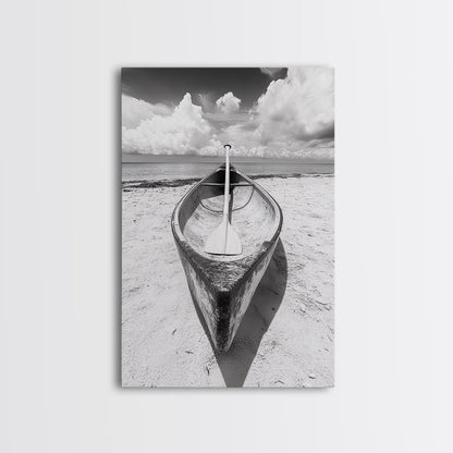 Paddle, Canoe, Beach, Clouds - Summer boating scene, Canvas Print, ideal bathroom or guestroom nautical art, rustic coastal boho wall decor No Frame - Stretched Canvas Only