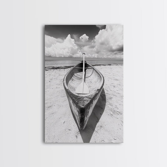 Paddle, Canoe, Beach, Clouds - Summer boating scene, Canvas Print, ideal bathroom or guestroom nautical art, rustic coastal boho wall decor No Frame - Stretched Canvas Only