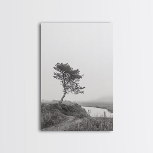 Leaning Tree Path, Soft Fog Scene, Calm Landscape, Canvas Print, Serene Entryway Wall Art, Nature Photography, Minimalist Decor No Frame - Stretched Canvas Only