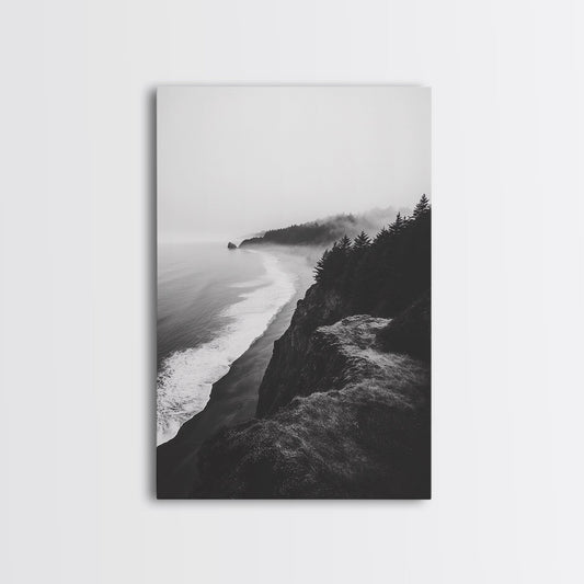 Misty Coastline, Pine Forest, Foggy Morning, Framed Canvas Print, Moody Nature Decor, Living Room Wall Art, Monochrome Style No Frame - Stretched Canvas Only