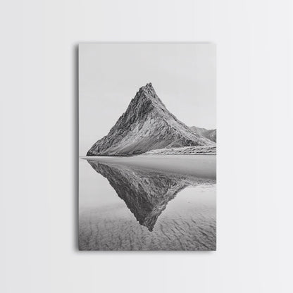 Mountain Mirror, Coastal Peak, Serene Beach, Canvas Print, Minimalist Landscape Art, Modern Living Room Wall Decor, Monochrome Nature Style No Frame - Stretched Canvas Only