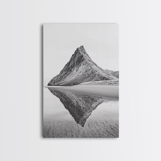 Mountain Mirror, Coastal Peak, Serene Beach, Canvas Print, Minimalist Landscape Art, Modern Living Room Wall Decor, Monochrome Nature Style No Frame - Stretched Canvas Only