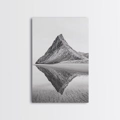 Mountain Mirror, Coastal Peak, Serene Beach, Canvas Print, Minimalist Landscape Art, Modern Living Room Wall Decor, Monochrome Nature Style Gallery Wrap Canvas - Ready To Hang
