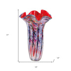 17" Blue Red And White Abstract Wavy Murano Glass Table Vase