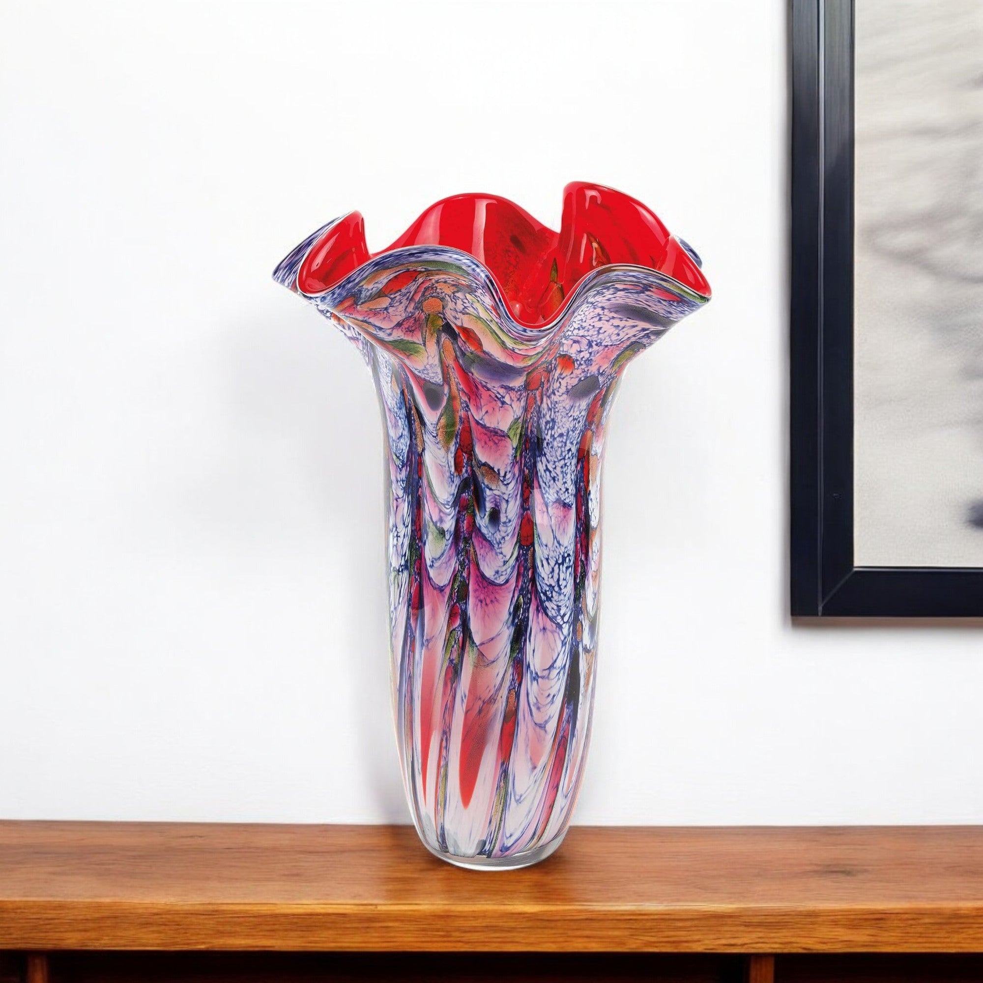 17" Blue Red And White Abstract Wavy Murano Glass Table Vase Main image