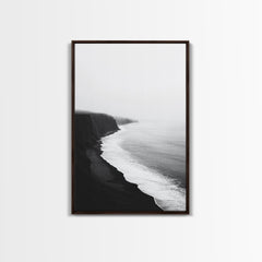 Cliff Coast, Mist Horizon, Monochrome Sea, Rugged Beauty, Canvas Print, Living Room Wall Art, Coastal Modern Style, Minimalist Ocean Scene Walnut Frame