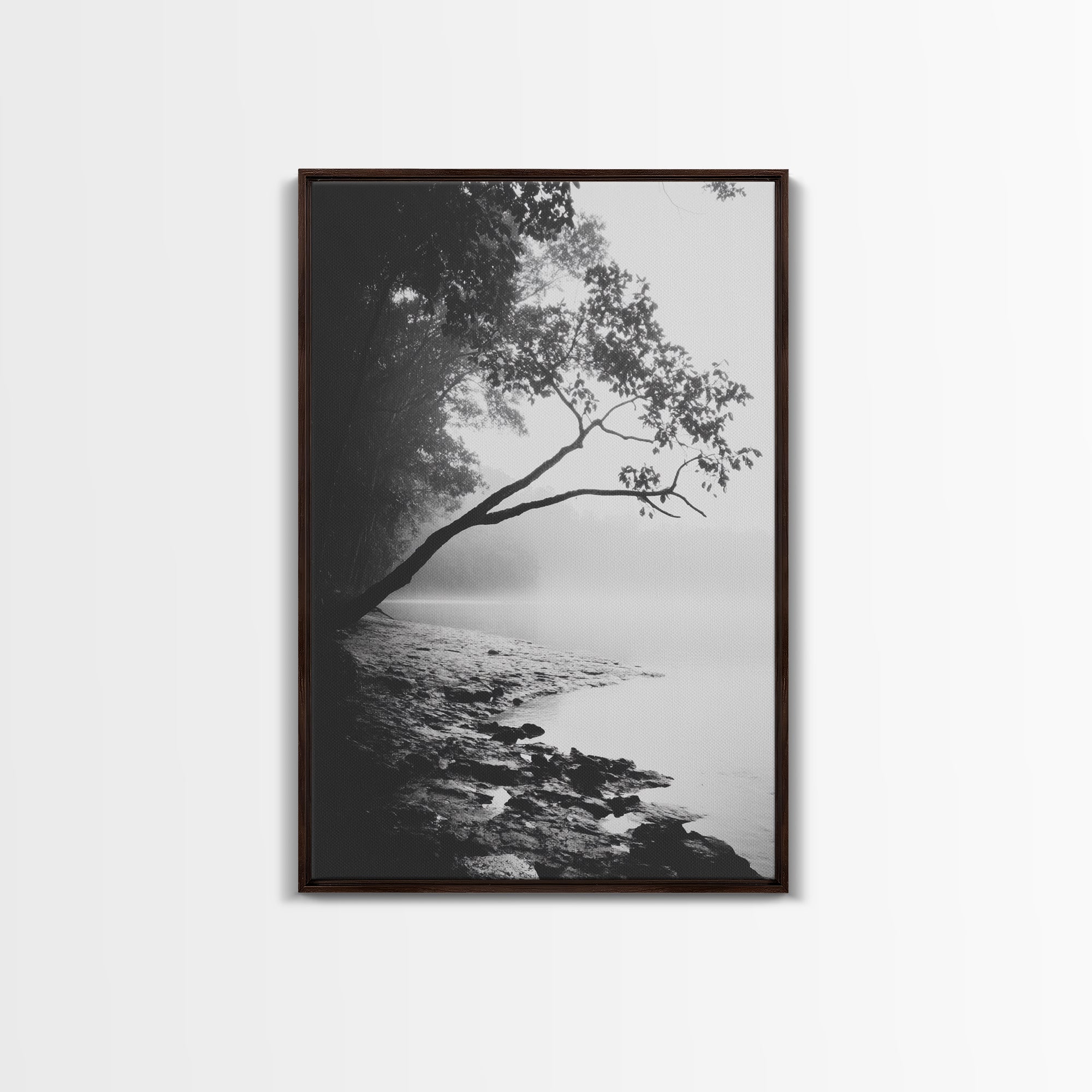 Misty Tree, Shoreline Fog, Forest Edge, Moody Atmosphere, Framed Canvas Print, Bedroom Wall Art, Autumn Woodland Style, Serene Nature Decor Walnut Frame