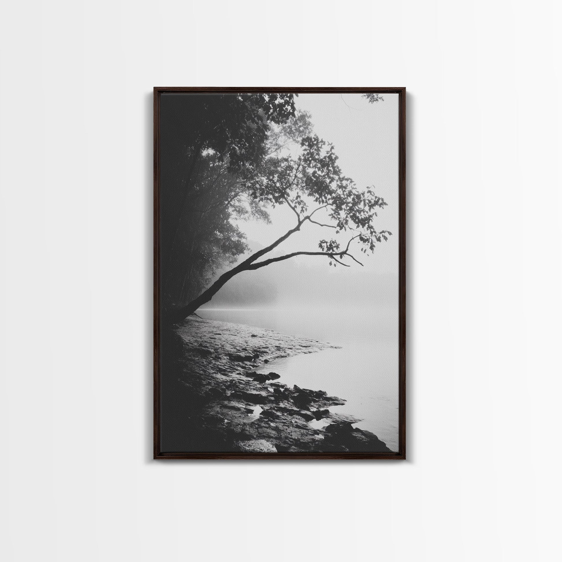 Misty Tree, Shoreline Fog, Forest Edge, Moody Atmosphere, Framed Canvas Print, Bedroom Wall Art, Autumn Woodland Style, Serene Nature Decor Dark Brown Floater