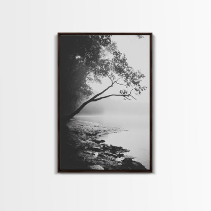Misty Tree, Shoreline Fog, Forest Edge, Moody Atmosphere, Framed Canvas Print, Bedroom Wall Art, Autumn Woodland Style, Serene Nature Decor Dark Brown Floater