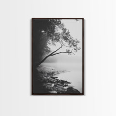 Misty Tree, Shoreline Fog, Forest Edge, Moody Atmosphere, Framed Canvas Print, Bedroom Wall Art, Autumn Woodland Style, Serene Nature Decor Walnut Frame