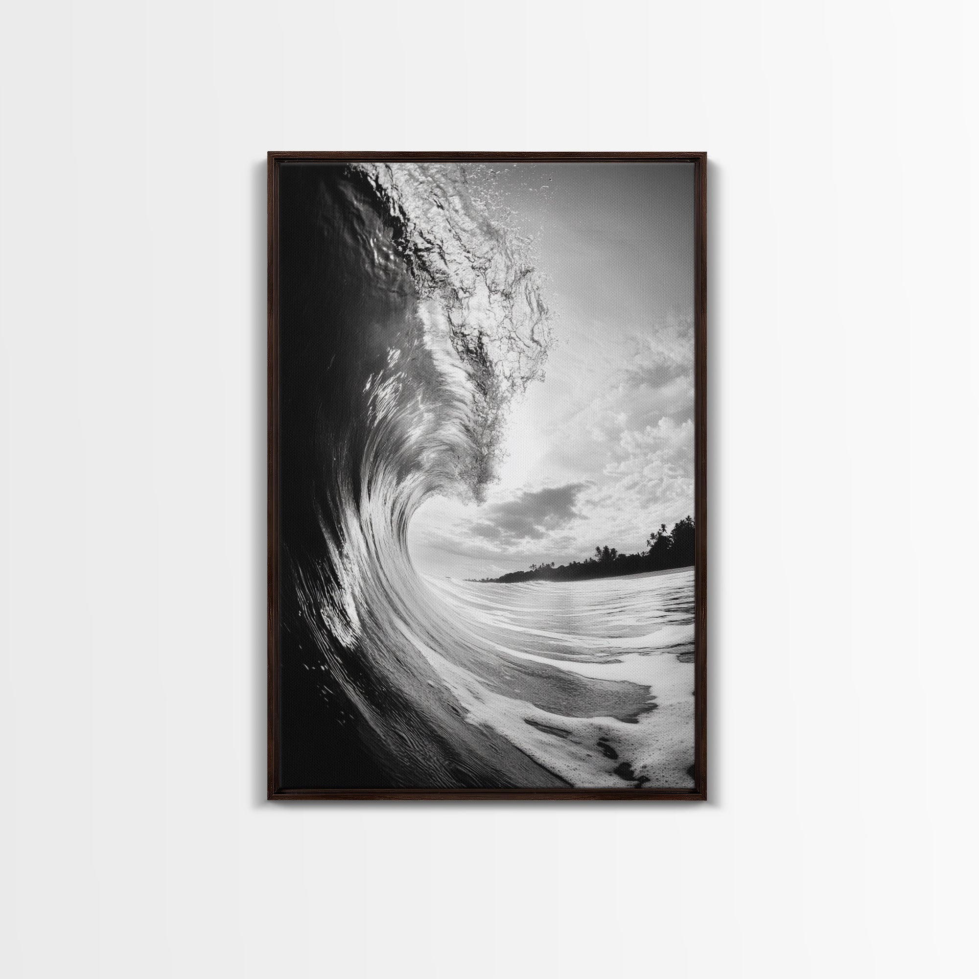 Ocean Wave Curl, Sea Barrel Art, Surf Power Print, Framed Canvas Print, Bathroom Wall Art, Modern Beach Decor, Black White Seascape Walnut Frame