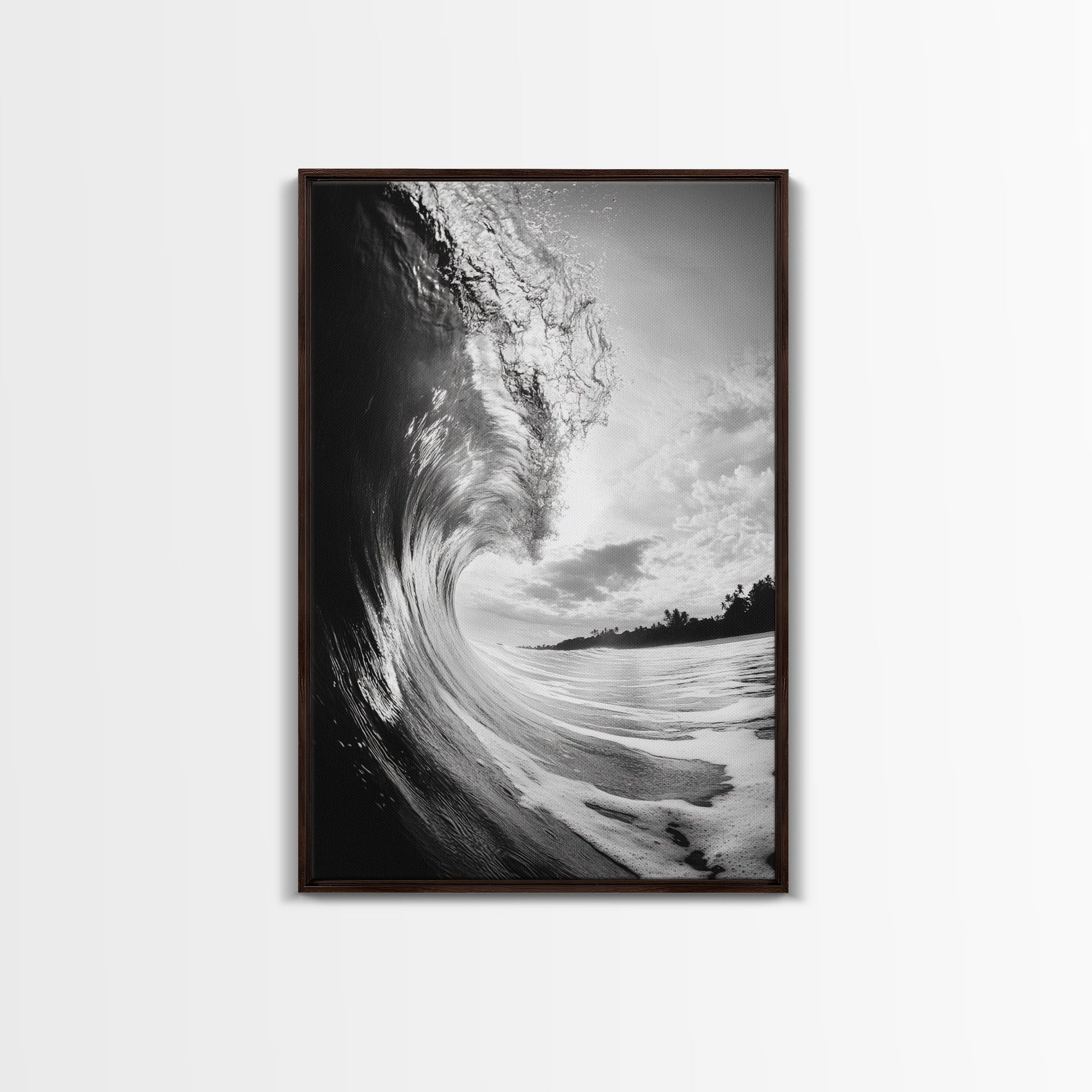 Ocean Wave Curl, Sea Barrel Art, Surf Power Print, Framed Canvas Print, Bathroom Wall Art, Modern Beach Decor, Black White Seascape Dark Brown Floater