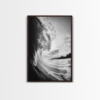Ocean Wave Curl, Sea Barrel Art, Surf Power Print, Framed Canvas Print, Bathroom Wall Art, Modern Beach Decor, Black White Seascape Dark Brown Floater