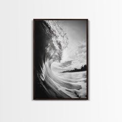 Ocean Wave Curl, Sea Barrel Art, Surf Power Print, Framed Canvas Print, Bathroom Wall Art, Modern Beach Decor, Black White Seascape Walnut Frame