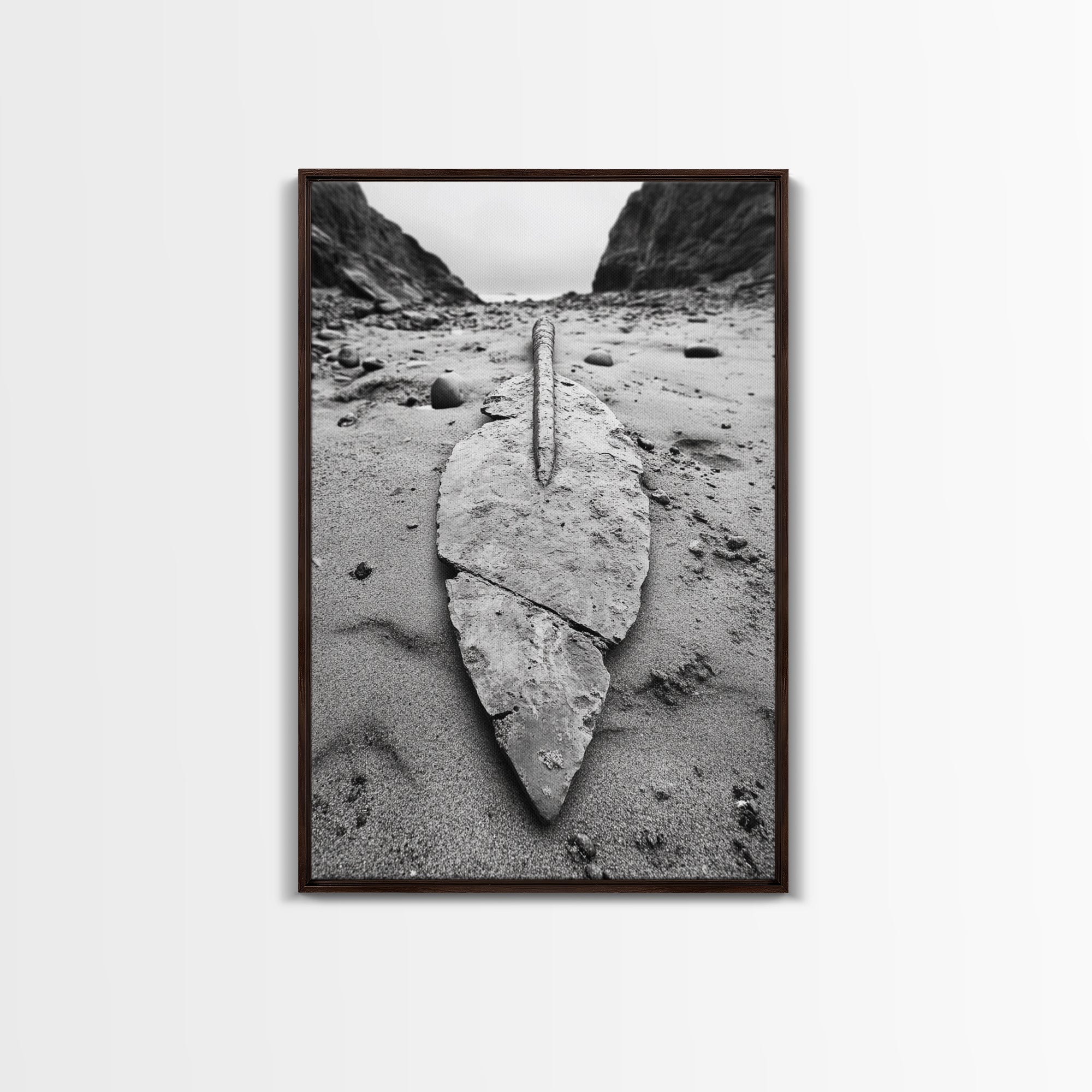 Fossil Rock Shore, Beach Minimalism, Sand Texture Art, Canvas Print, Coastal Wall Art, Natural History Decor, Abstract Earthy Art Walnut Frame