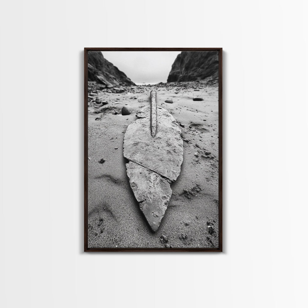 Fossil Rock Shore, Beach Minimalism, Sand Texture Art, Canvas Print, Coastal Wall Art, Natural History Decor, Abstract Earthy Art Walnut Frame