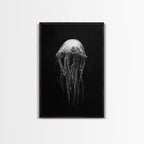 Elegant Jellyfish Art, Ocean Wildlife, Monochrome Marine, Framed Canvas Print, Bathroom Decor, Nautical Wall Art, Minimalist Sea Life Walnut Frame