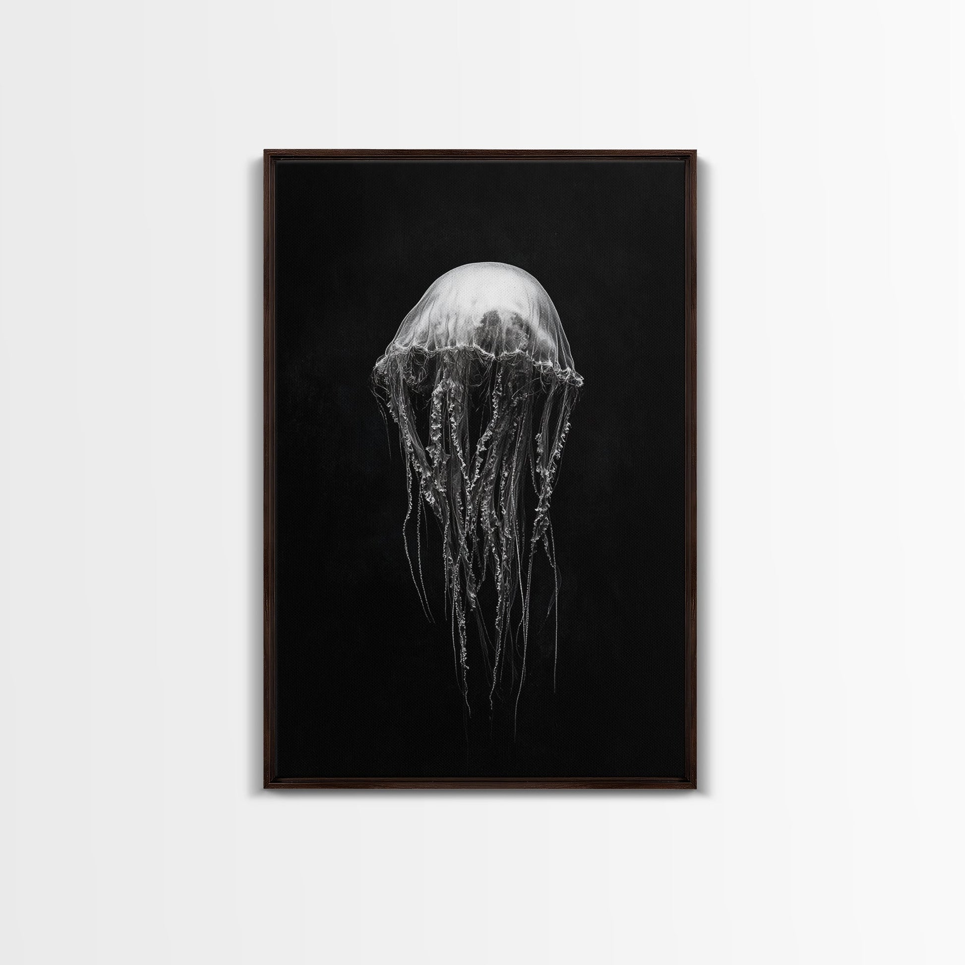 Elegant Jellyfish Art, Ocean Wildlife, Monochrome Marine, Framed Canvas Print, Bathroom Decor, Nautical Wall Art, Minimalist Sea Life Dark Brown Floater