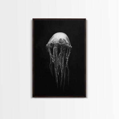 Elegant Jellyfish Art, Ocean Wildlife, Monochrome Marine, Framed Canvas Print, Bathroom Decor, Nautical Wall Art, Minimalist Sea Life Dark Brown Floater