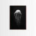 Elegant Jellyfish Art, Ocean Wildlife, Monochrome Marine, Framed Canvas Print, Bathroom Decor, Nautical Wall Art, Minimalist Sea Life Walnut Frame