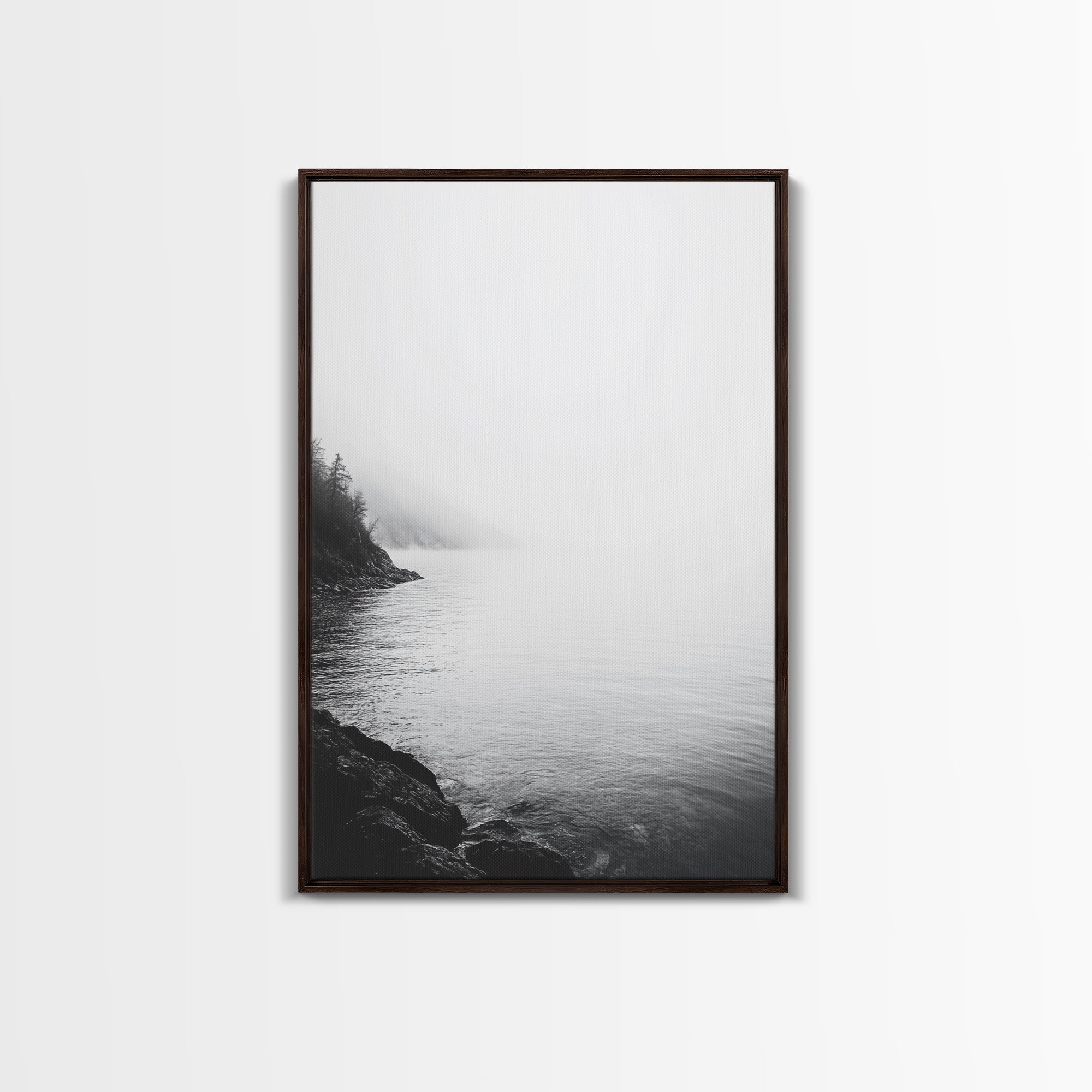 Misty Lakeshore, Foggy Forest Water, Monochrome Tranquility, Framed Canvas Print, Minimalist Art, Calm Landscape, Bedroom Wall Decor Walnut Frame