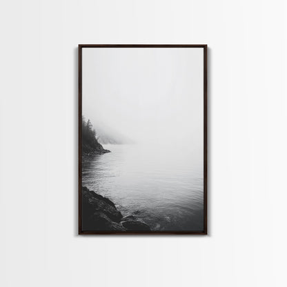 Misty Lakeshore, Foggy Forest Water, Monochrome Tranquility, Framed Canvas Print, Minimalist Art, Calm Landscape, Bedroom Wall Decor Dark Brown Floater