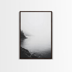 Misty Lakeshore, Foggy Forest Water, Monochrome Tranquility, Framed Canvas Print, Minimalist Art, Calm Landscape, Bedroom Wall Decor Walnut Frame