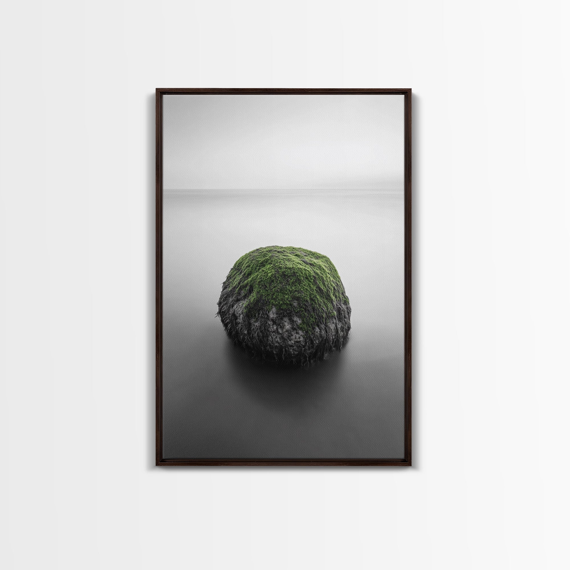Moss Rock Minimal, Green Accent Art, Coastal Zen Decor, Framed Canvas Print, Modern Neutral Room, Nature Wall Aesthetic Walnut Frame