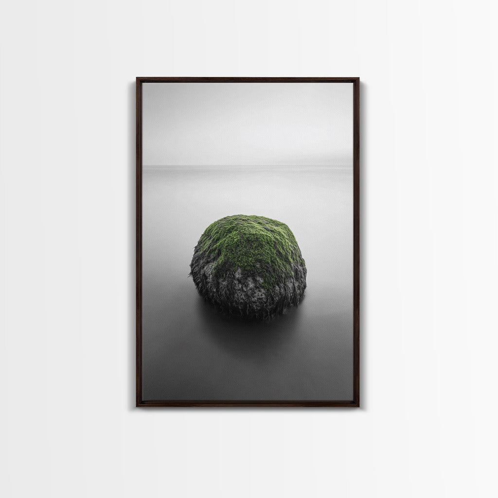 Moss Rock Minimal, Green Accent Art, Coastal Zen Decor, Framed Canvas Print, Modern Neutral Room, Nature Wall Aesthetic Walnut Frame