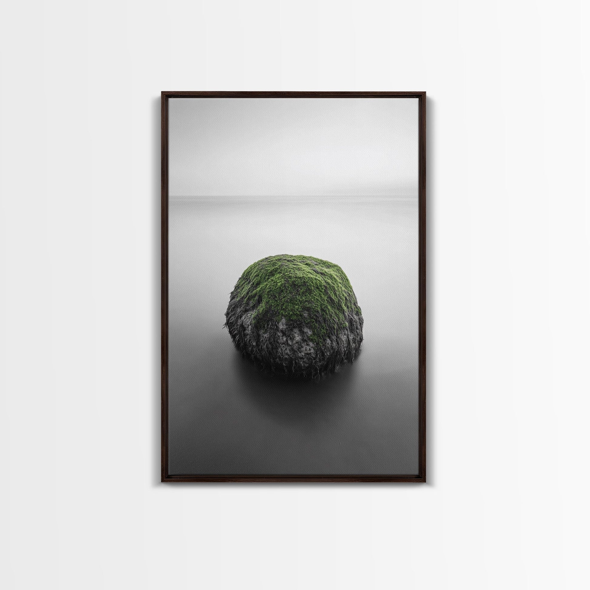 Moss Rock Minimal, Green Accent Art, Coastal Zen Decor, Framed Canvas Print, Modern Neutral Room, Nature Wall Aesthetic Dark Brown Floater
