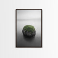 Moss Rock Minimal, Green Accent Art, Coastal Zen Decor, Framed Canvas Print, Modern Neutral Room, Nature Wall Aesthetic Walnut Frame